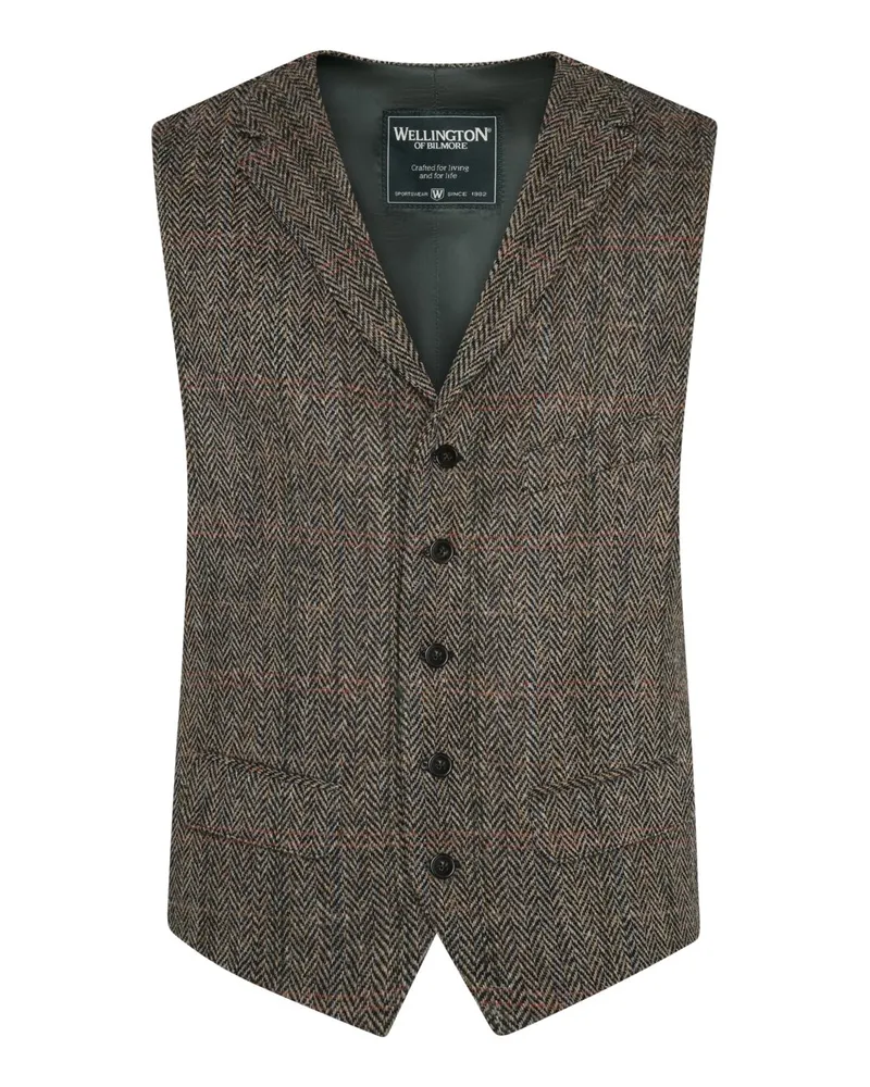 Wellington of Bilmore Einreihige Anzugweste aus Harris Tweed mit Reverskragen und Fischgrät-Webmuster in Braun