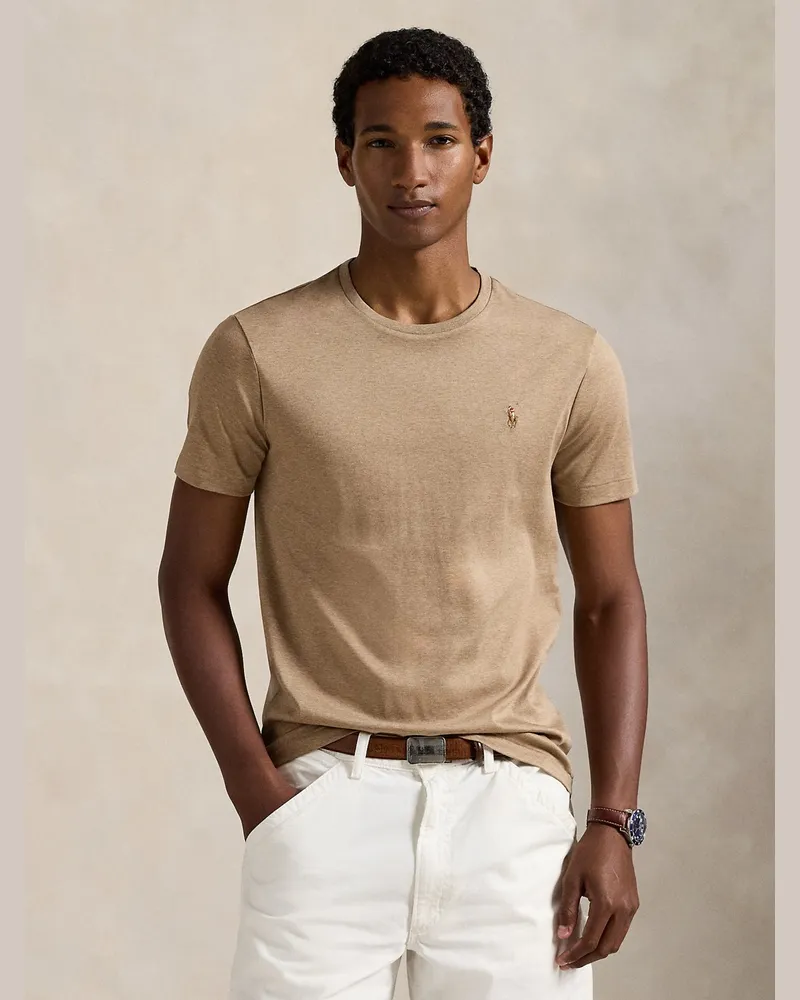 Ralph Lauren Jersey T-Shirt mit Poloreiter-Stickerei, Custom Slim Fit in Hellbraun
