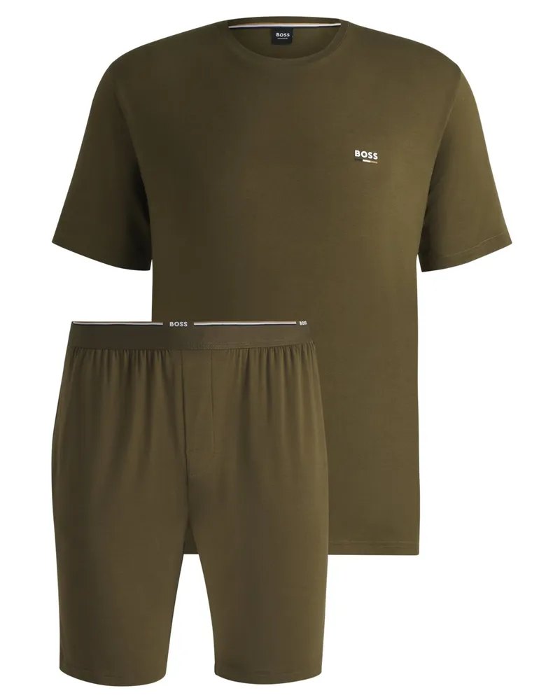 HUGO BOSS Kurzer Schlafanzug in Stretch-Qualität mit Label-Schriftzug in Oliv