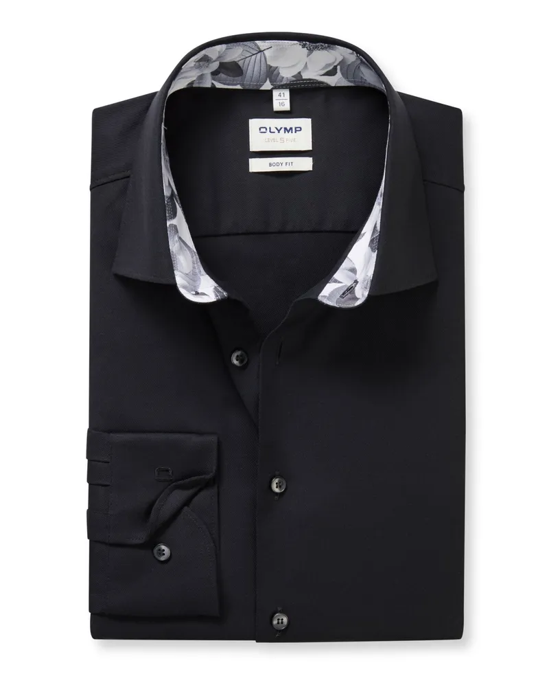 Olymp Level Five, Body Fit, Stretch-Hemd mit Ausputz in Schwarz