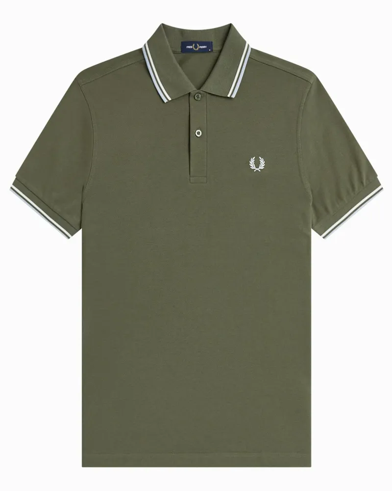 Fred Perry Piqué-Poloshirt mit Logo-Stickerei und Streifenakzenten in Oliv