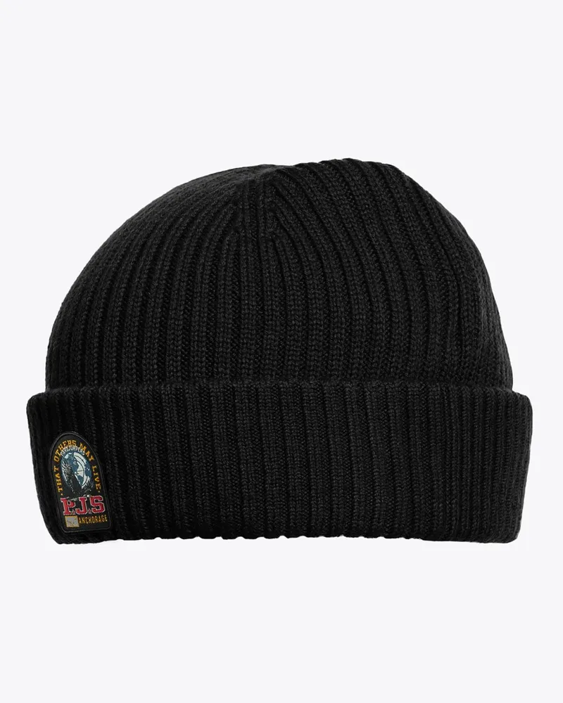 Parajumpers Strickmütze aus einem Merinowoll-Mix mit Label-Aufnäher in Schwarz