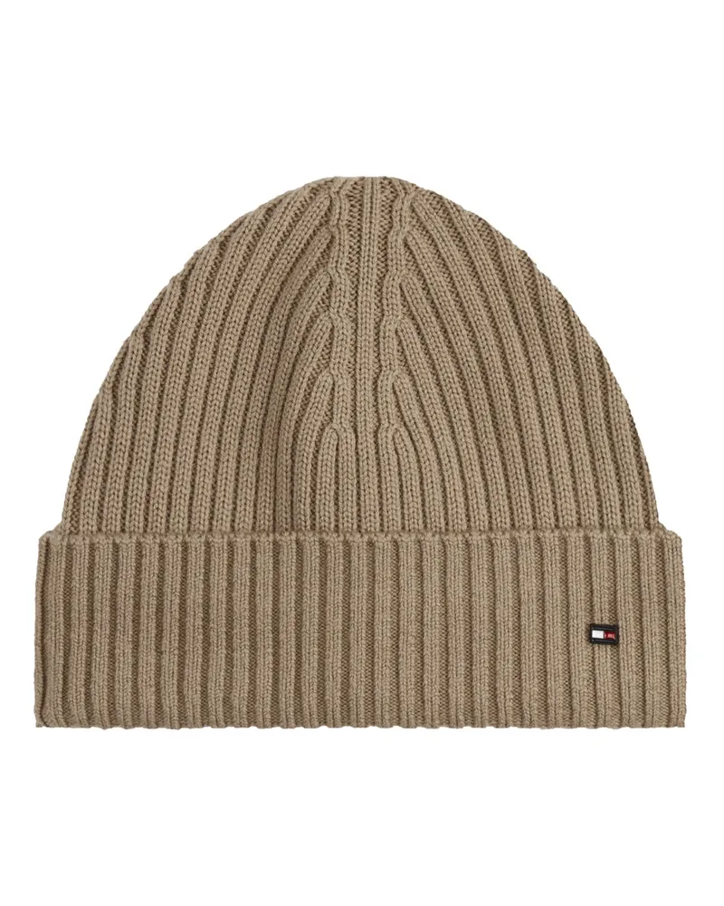 Tommy Hilfiger Strickmütze aus Wolle mit Logo-Pin in Beige