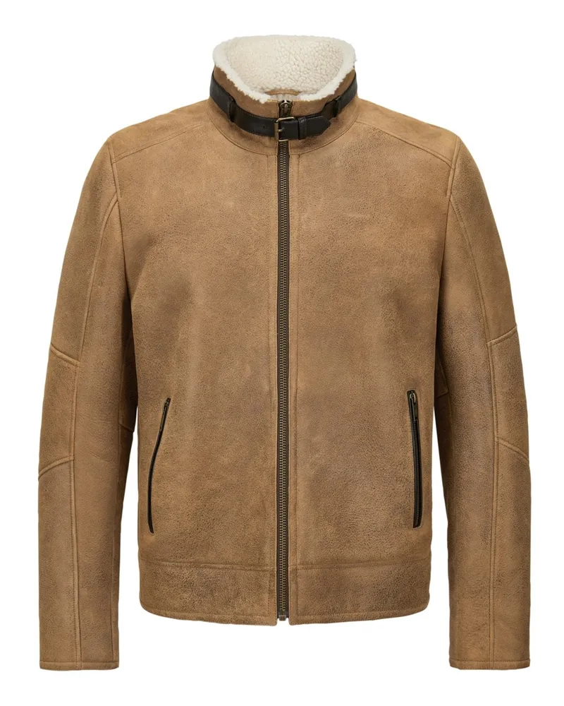 Milestone Lammfell-Lederjacke mit Stehkragen in Cognac