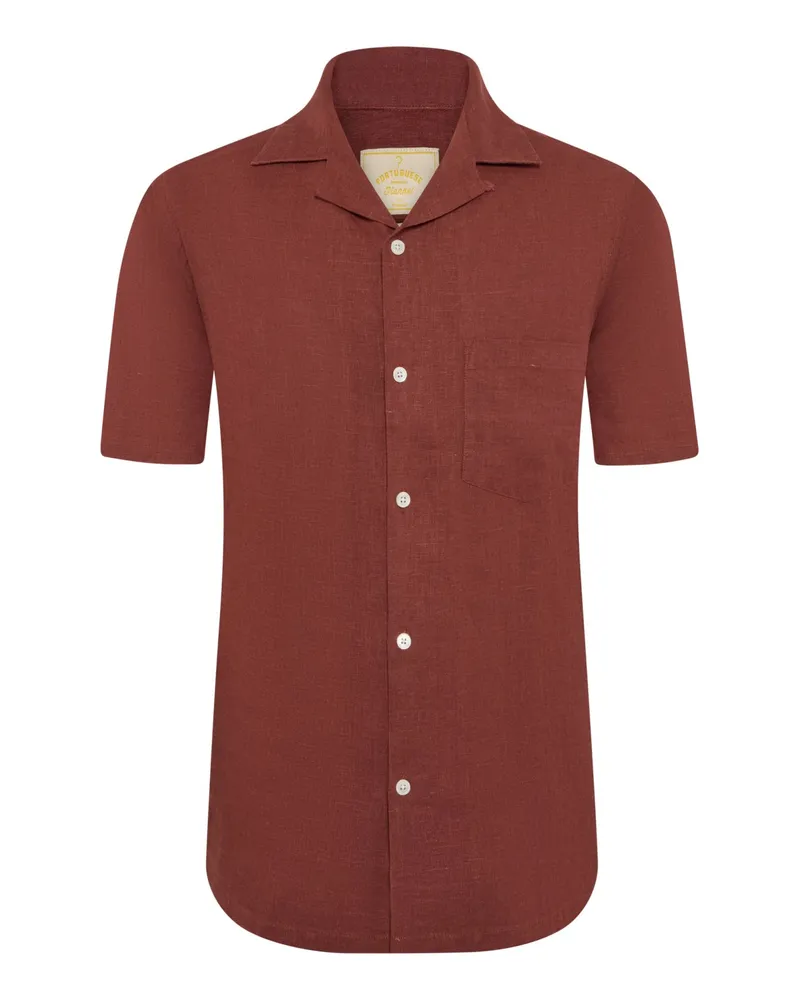 Portuguese Flannel Unifarbenes Kurzarmhemd aus Leinen mit Brusttasche, Regular in Bordeaux