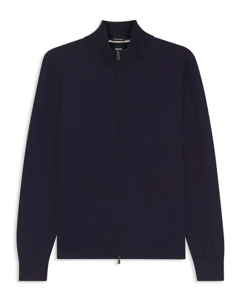 HUGO BOSS Leichte Glattstrickjacke aus Merinowolle mit Stehkragen und Zip in Marine