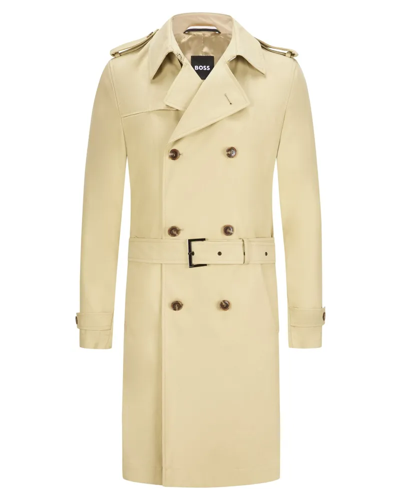 HUGO BOSS Zweireihiger Trenchcoat aus Lyocellgemisch, Slim Fit in Beige