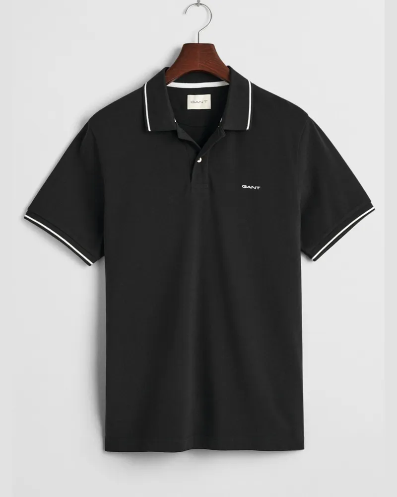 Gant Piqué-Poloshirt aus Baumwolle mit Kontraststreifen, Regular Fit in Schwarz
