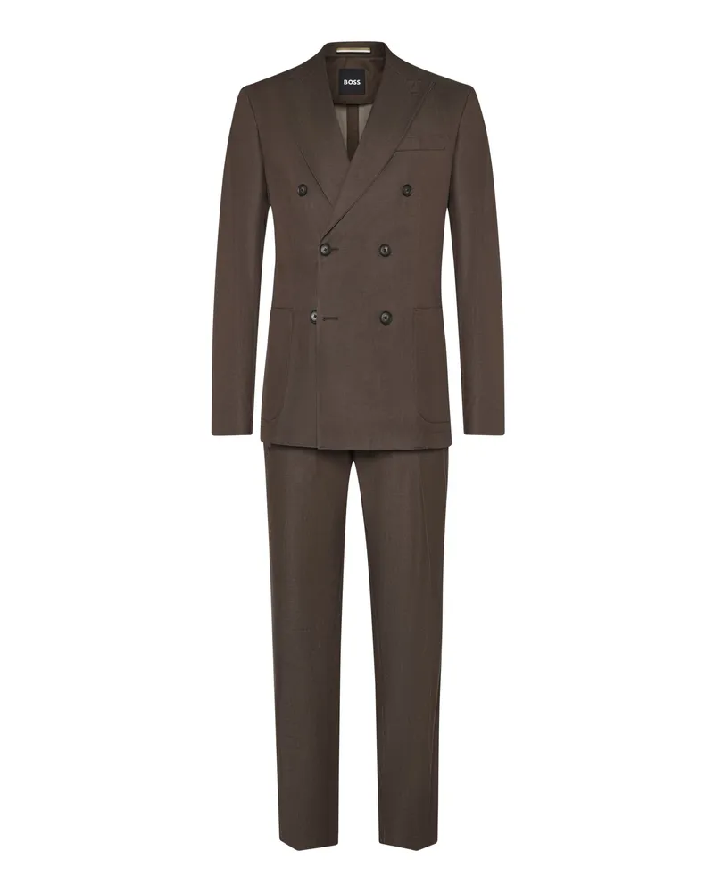 HUGO BOSS Zweireihiger Anzug aus einem Baumwoll-Stretch mit fallendem Revers in Dunkelbraun