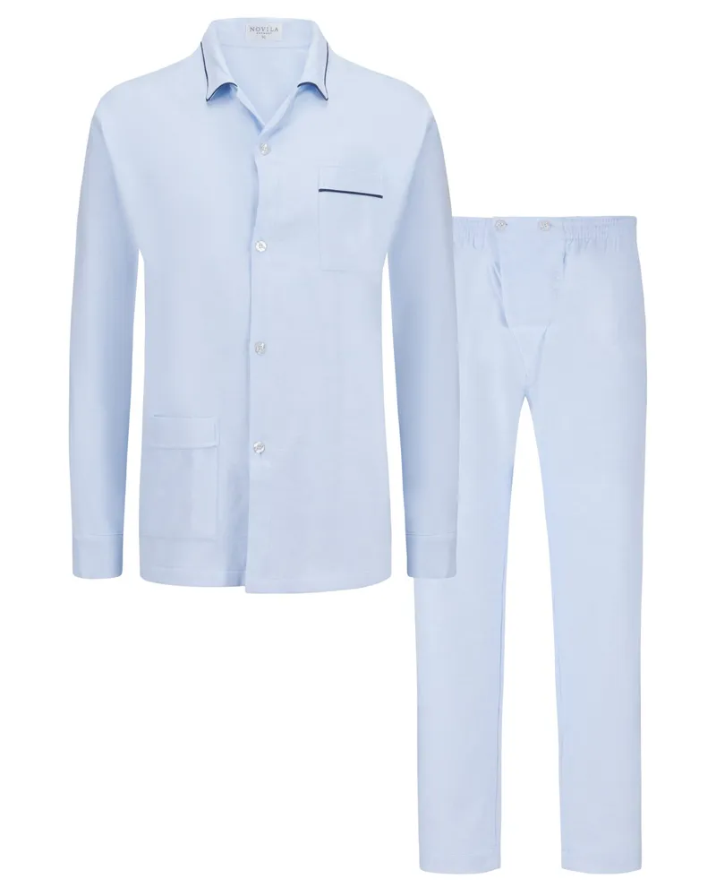 Novila Unifarbener Schlafanzug in Flanell-Qualität mit Brusttasche Hellblau