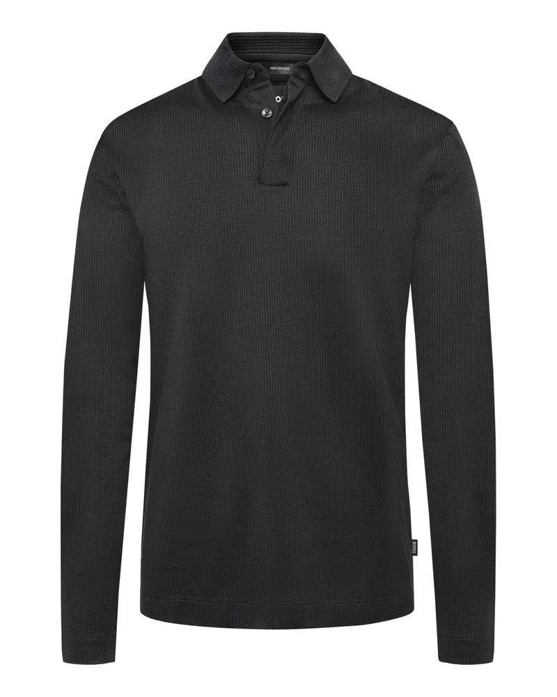 HUGO BOSS Langarm-Poloshirt aus mercerisierter Baumwolle in Waffelstruktur in Schwarz