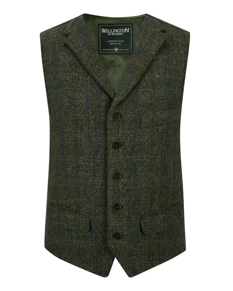Wellington of Bilmore Harris Tweed-Weste Wales mit Fischgrät- und Karomuster in Grün