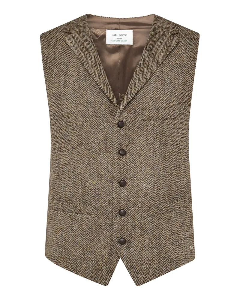 Carl Gross Tweed-Anzugweste aus Schurwolle mit Fischgrätmuster und Reverskragen in Sand
