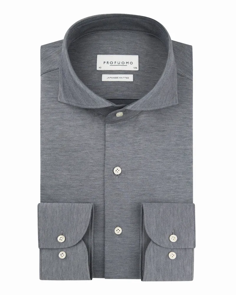 Profuomo Japanese Knitted Hemd mit Haifischkragen, Slim Fit in Denim