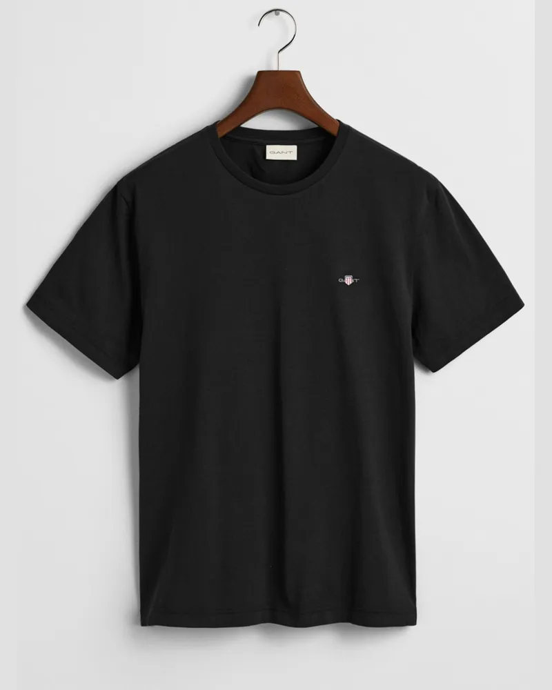 Gant Unifarbenes T-Shirt mit Logo-Stickerei, Regular Fit in Schwarz