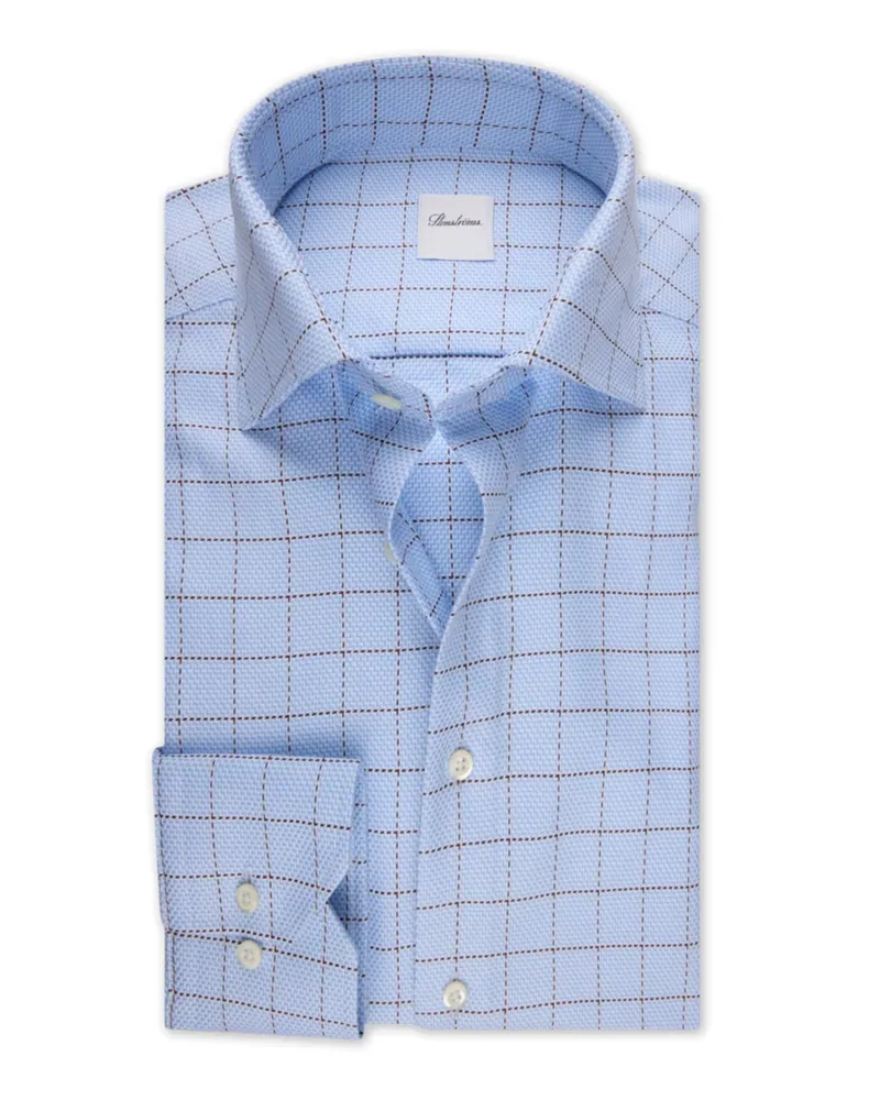 Stenströms Hemd mit Überkaromuster und New Kent-Kragen, Regular in Hellblau