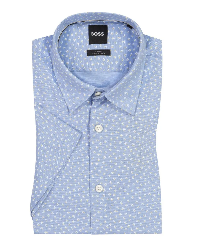 HUGO BOSS Kurzarmhemd aus Leinen mit Stretchanteil, Slim Fit Hellblau