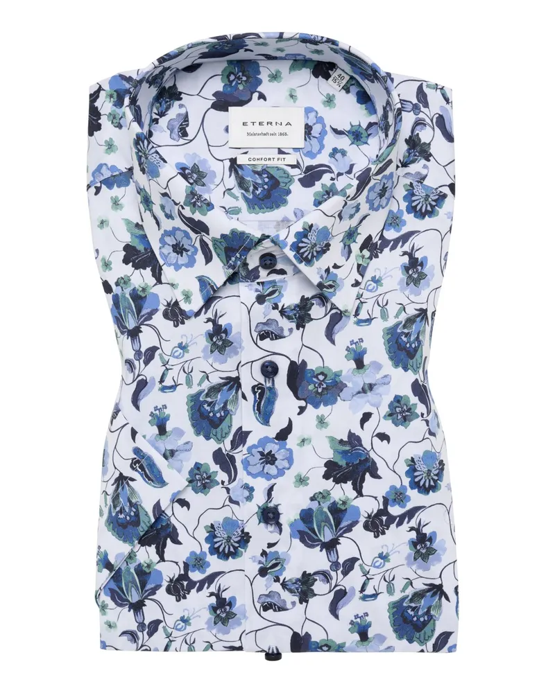 Eterna Bügelfreies Kurzarmhemd mit floralem Print, Comfort Fit in Blau