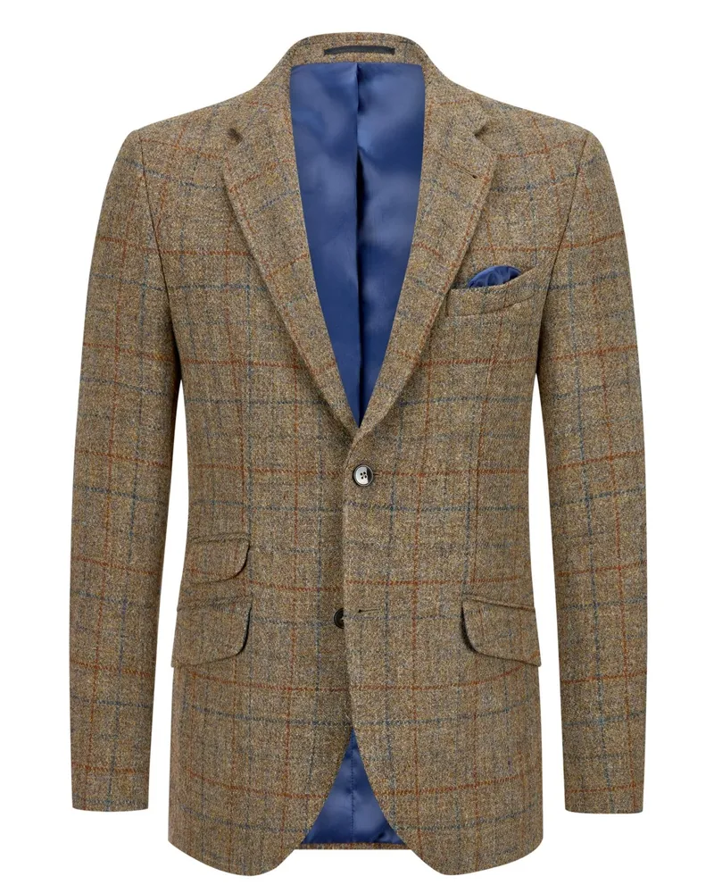 Wellington of Bilmore Harris Tweed-Sakko London mit Ellenbogenpatches und fallendem Revers, Regular Fit in Hellbraun