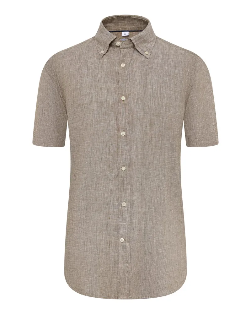 Tom Rusborg Unifarbenes Leinen-Kurzarmhemd mit Button Down-Kragen, Regular in Braun