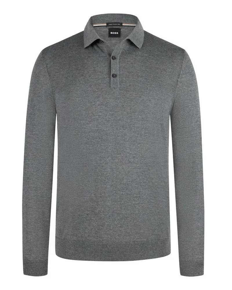 HUGO BOSS Langarm Poloshirt aus Schurwolle in Grau