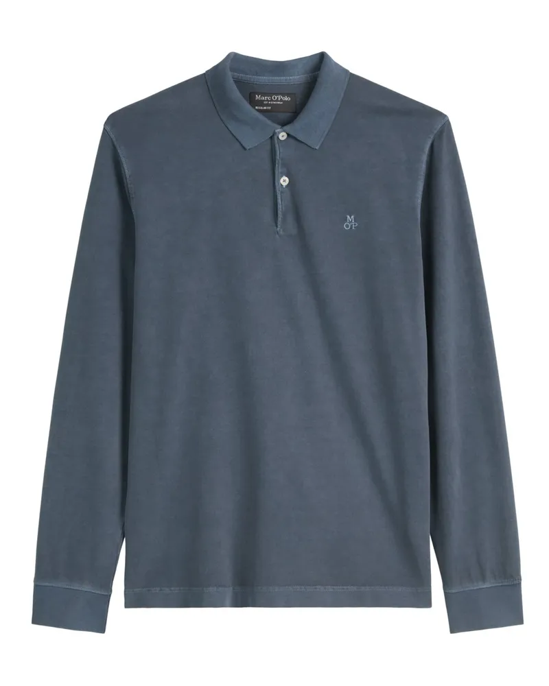 Marc O'Polo Langarm-Poloshirt mit Label-Stickerei, Regular Fit in Blau