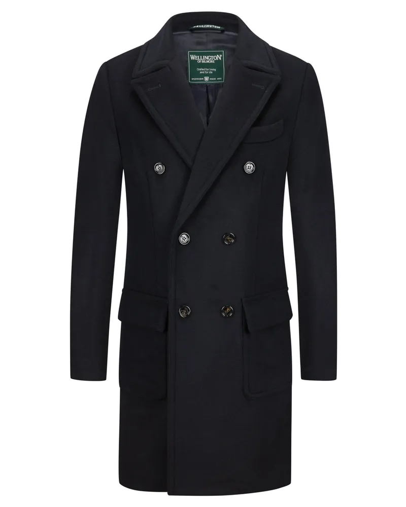 Wellington of Bilmore Zweireihiger Wollmantel mit Kaschmiranteil in Marine