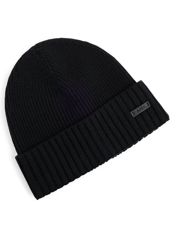 HUGO BOSS Strickmütze aus Schurwolle im Rippstrick mit Leder-Patch in Schwarz