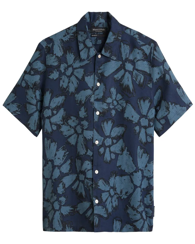 Marc O'Polo Kurzarmhemd aus Leinen mit floralem Print, Regular Fit in Marine