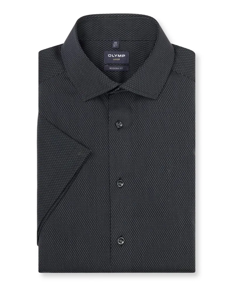 Olymp Luxor, Modern Fit, gemustertes Kurzarmhemd mit Kentkragen in Schwarz