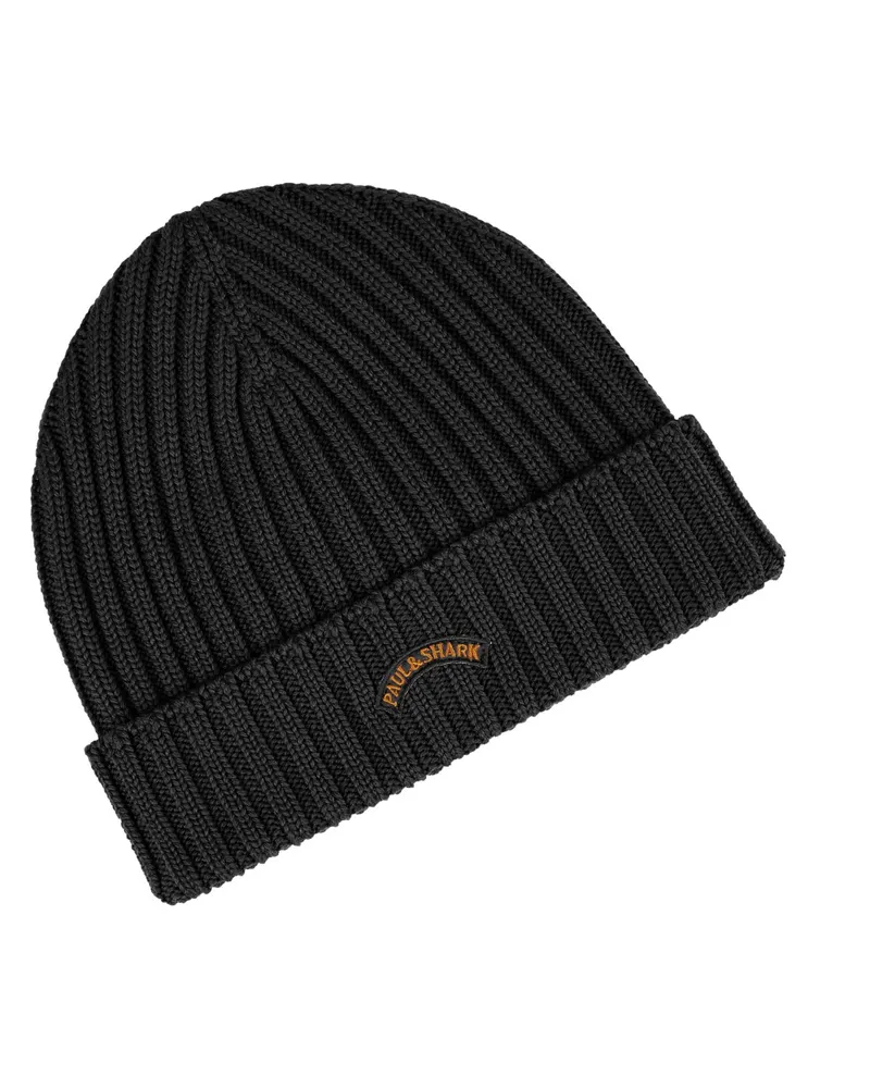 Paul & Shark Strickmütze aus Schurwolle mit Label-Aufnäher in Schwarz