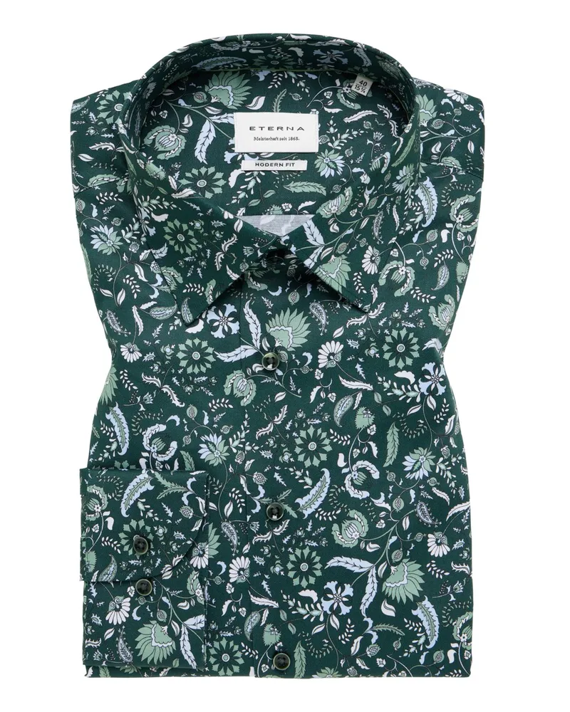 Eterna Bügelfreies Baumwollhemd mit floralem Print, Modern Fit in Grün