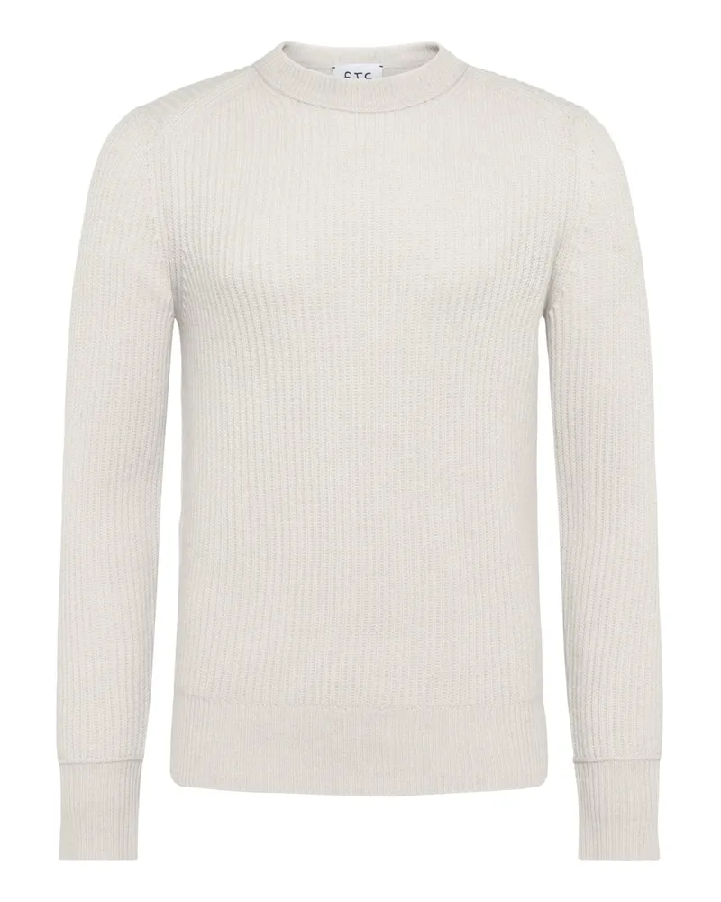 FTC Cashmere Softer Rundhalspullover aus Kaschmir mit Rippbündchen in Offwhite