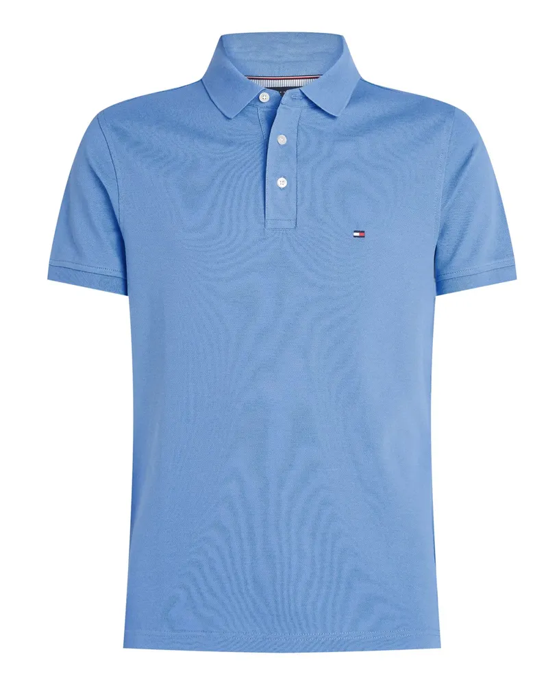 Tommy Hilfiger Piqué-Poloshirt 1985 mit Stretch und Flag-Stickerei, Slim Fit in Mittelblau