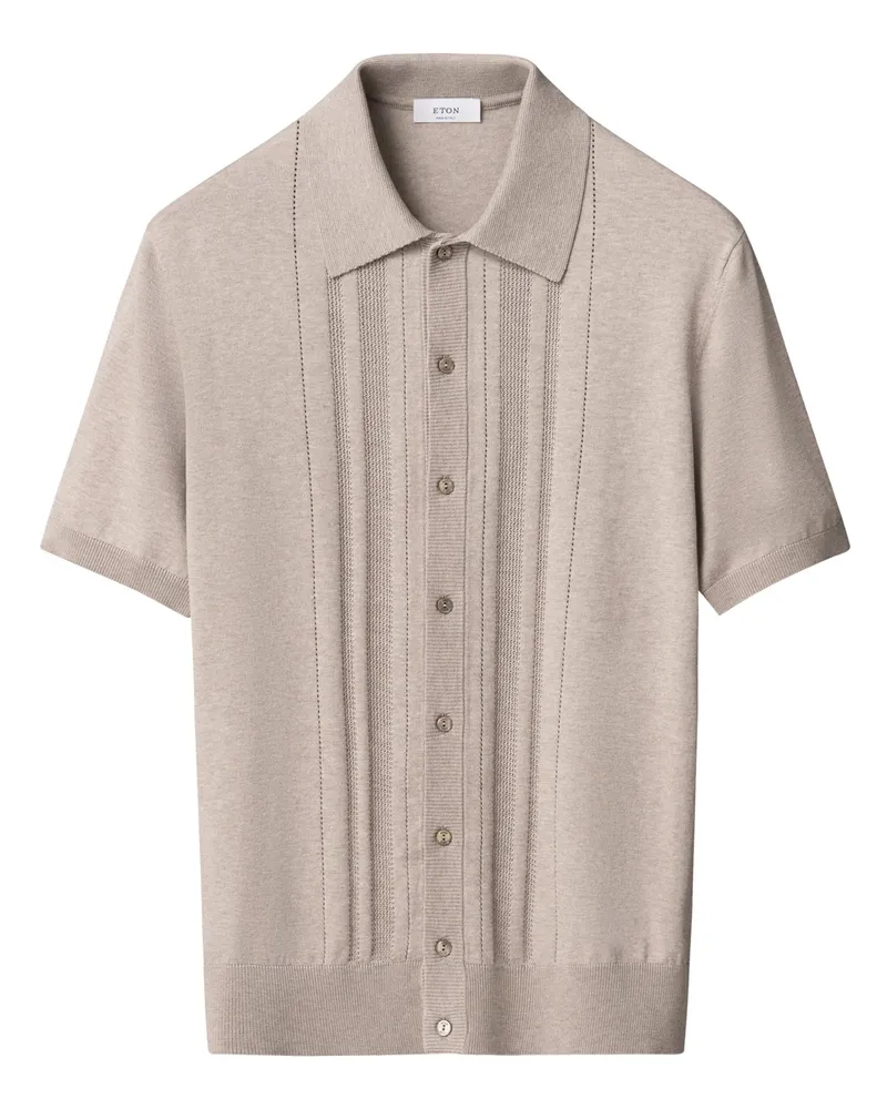 Eton Durchgeknöpftes Strick-Poloshirt mit Streifenakzenten in Beige