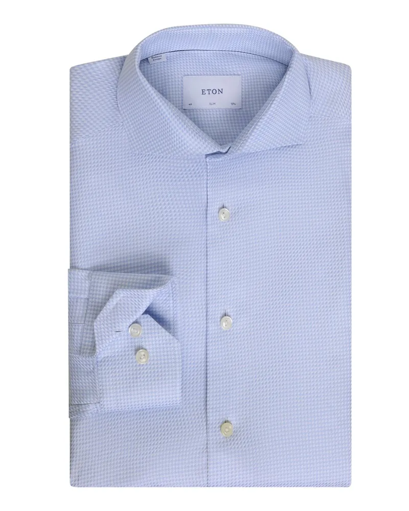 Eton Signature Twill-Hemd mit Haifischkragen und Hahnentrittmuster, Slim Fit in Hellblau