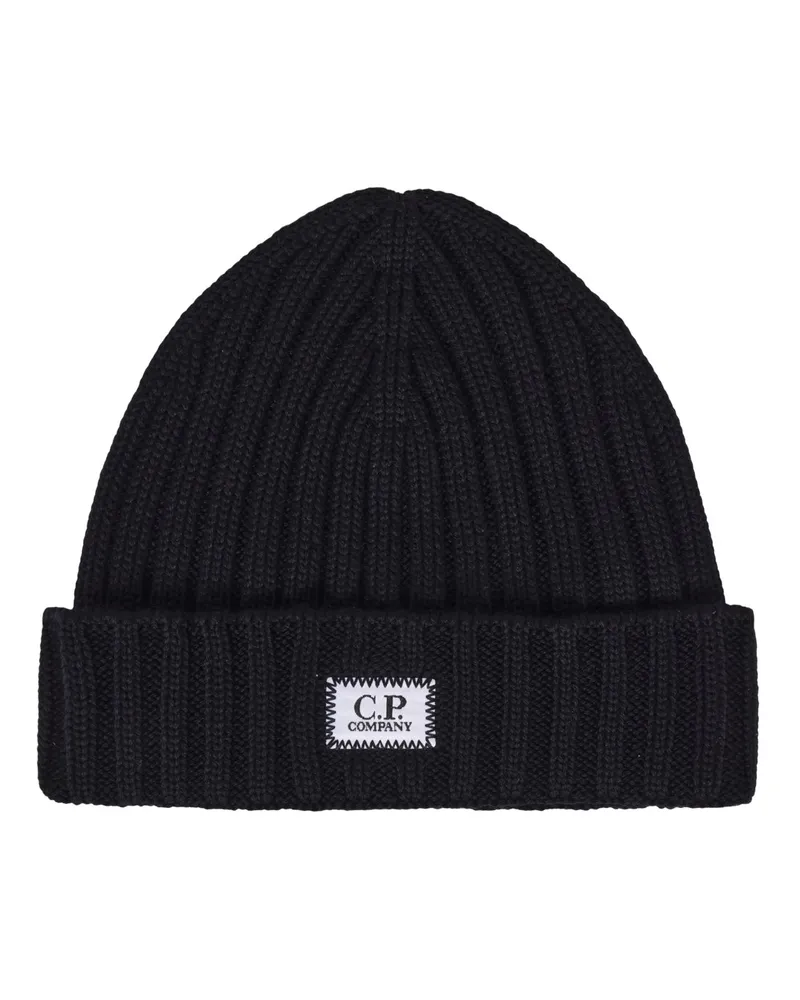 C.P. Company Strickmütze aus Wolle mit Logo-Aufnäher auf der Front in Marine