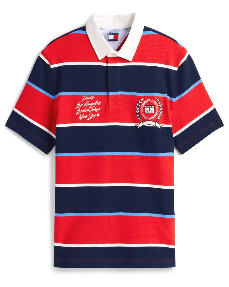 Tommy Hilfiger Kurzarm-Rugbyshirt aus Baumwolle mit Ringelmuster, Relaxed Fit in Rot