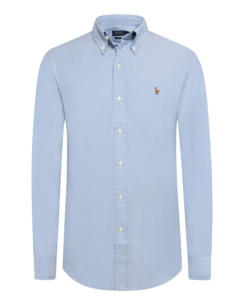 Ralph Lauren Unifarbenes Stretch-Hemd mit farbiger Poloreiter-Stickerei in Blau