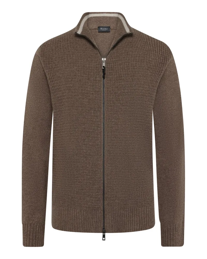 Maerz Strickjacke aus Schurwolle in Rippstrickmuster mit Zip in Sand