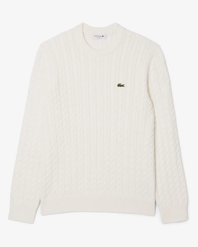 Lacoste Rundhalspullover in Zopfstrickmuster mit kleinem Krokodil-Aufnäher in Offwhite