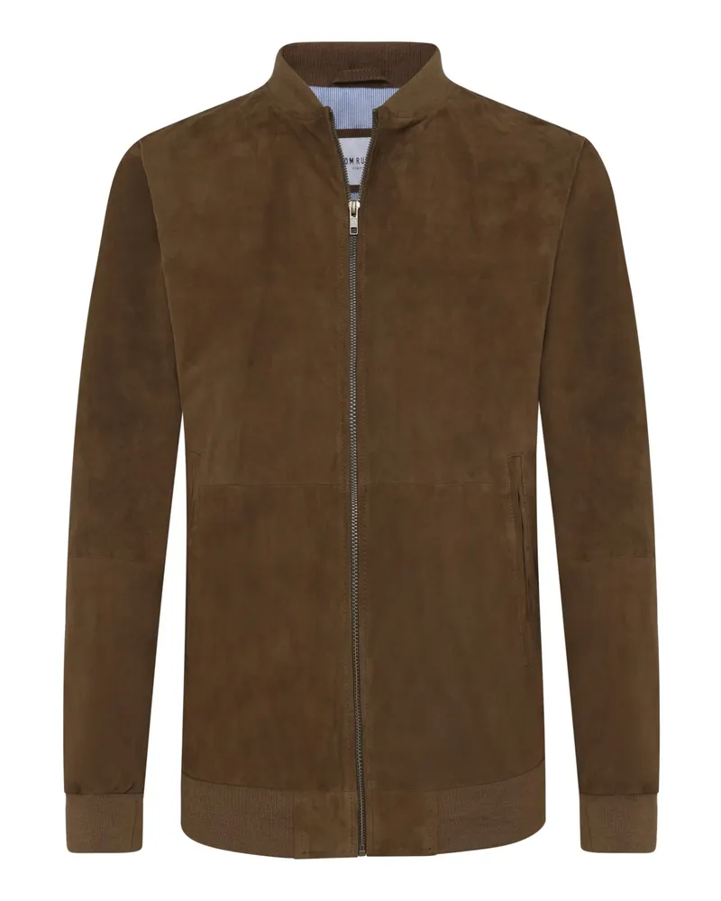 Tom Rusborg Leder-Blouson aus weichem Veloursleder mit gerippten Bündchen in Dunkelbraun