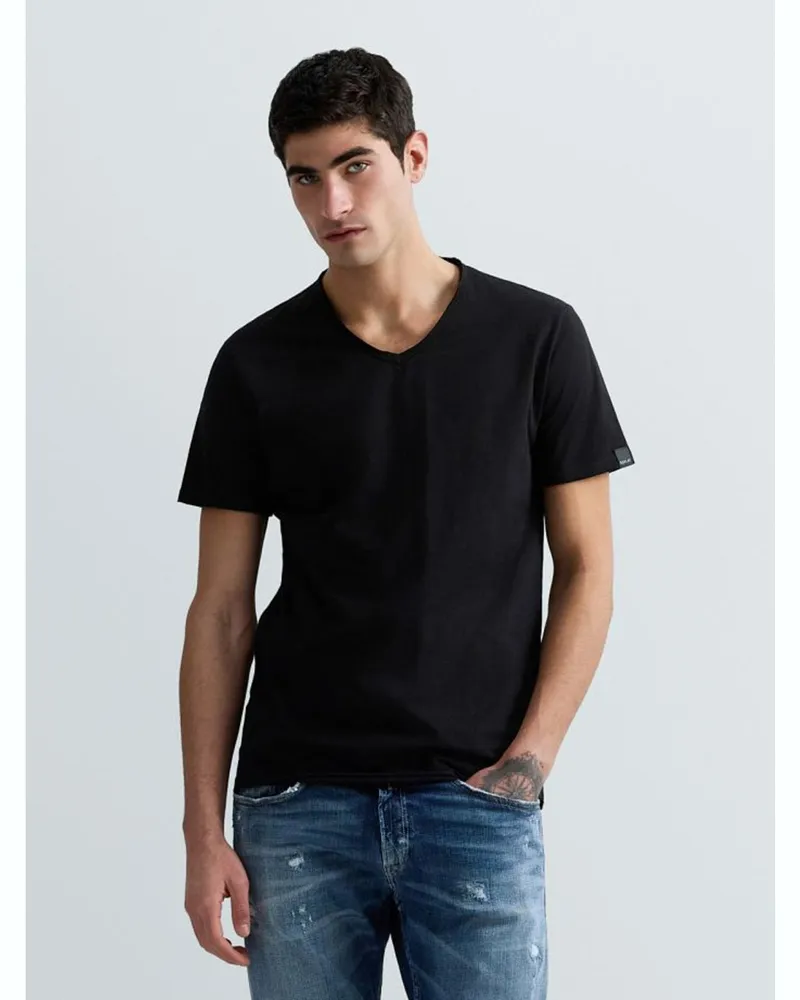 Replay T-Shirt mit V-Ausschnitt aus leichtem Baumwolljersey in Schwarz