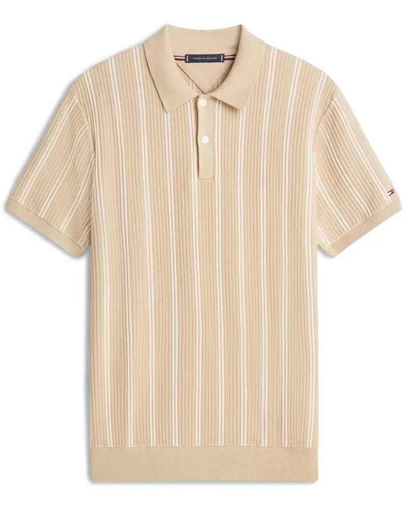 Tommy Hilfiger Strick-Poloshirt mit Streifenstruktur und Flag-Stickerei in Beige