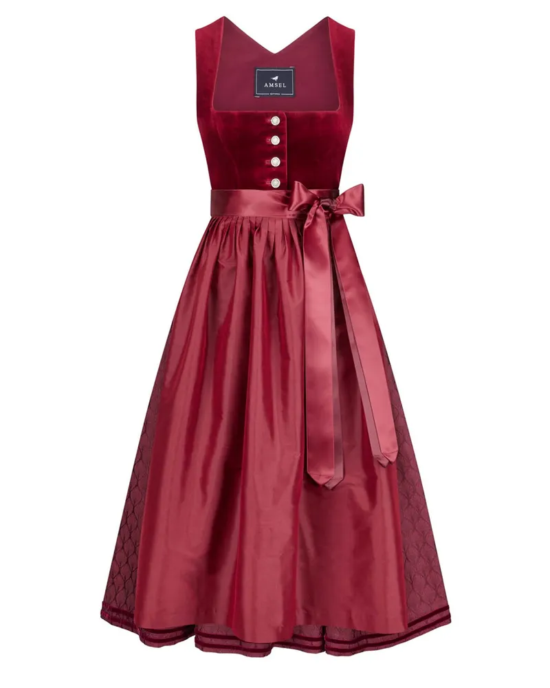 Amsel Dirndl Olivia mit Samtakzenten und Seidenschürze in Bordeaux