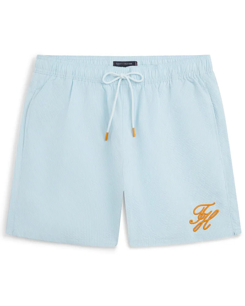 Tommy Hilfiger Seersucker-Badehose mit Monogramm-Stickerei in Hellblau