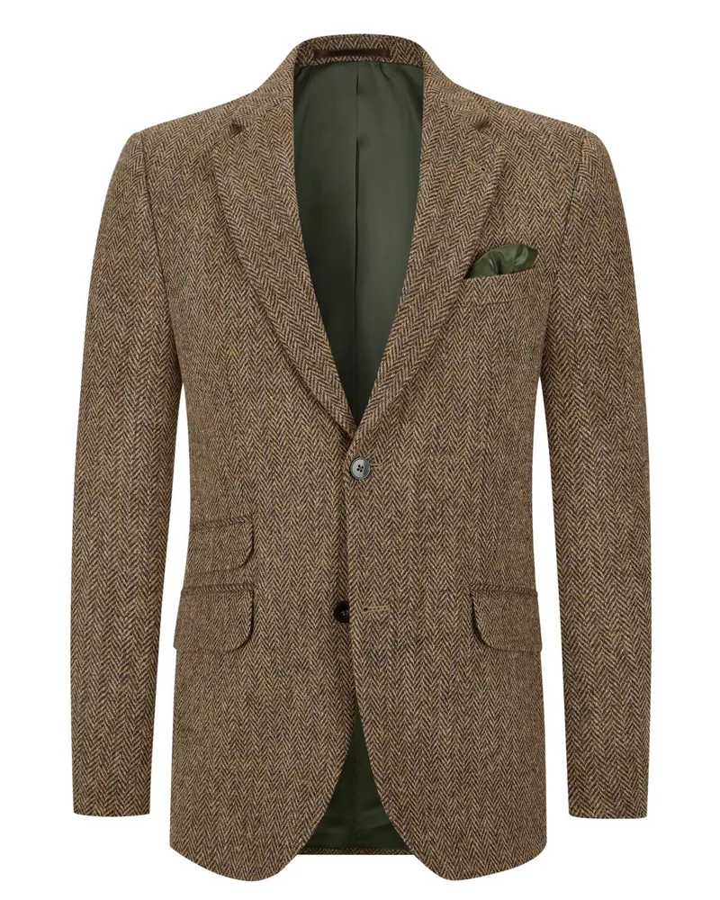 Wellington of Bilmore Harris Tweed-Sakko London mit Ellenbogenpatches in Fischgrätmuster in Beige