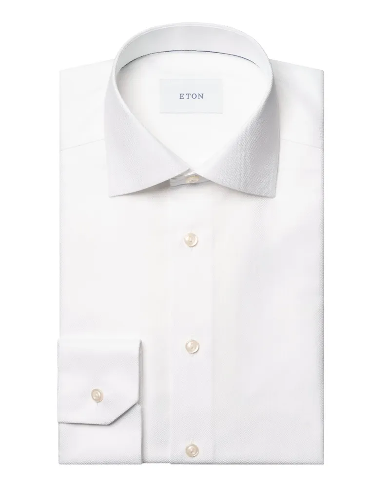 Eton Unifarbenes Signature Twill-Hemd mit Fischgrätstruktur, Super Slim in Weiß