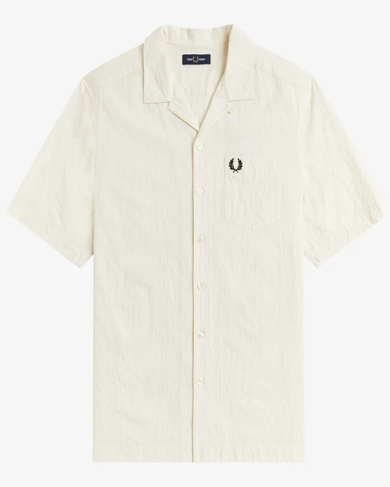 Fred Perry Kurzärmliges Seersucker-Hemd mit Stretchanteil und Brusttasche in Offwhite
