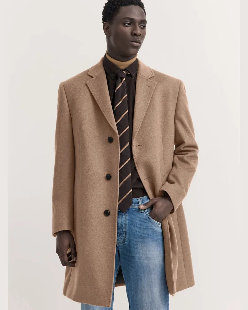 Bugatti Kaschmirmantel mit Wollanteil und Reverskragen, Modern Fit in Cognac